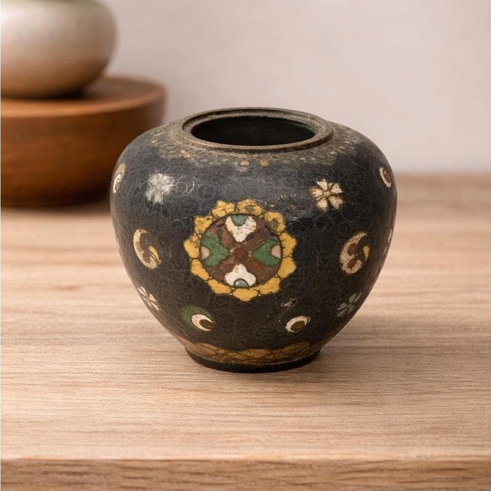 Vintage Cloisonne Mini Vase Black Floral Enamel 2.5" Collectible